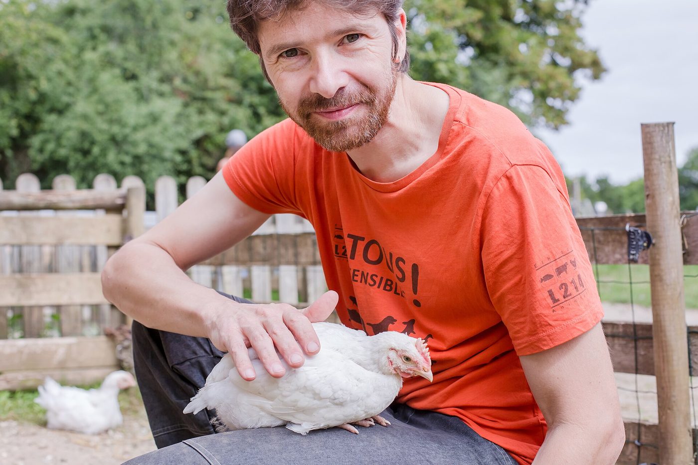 A keeper holding a white hen in the run